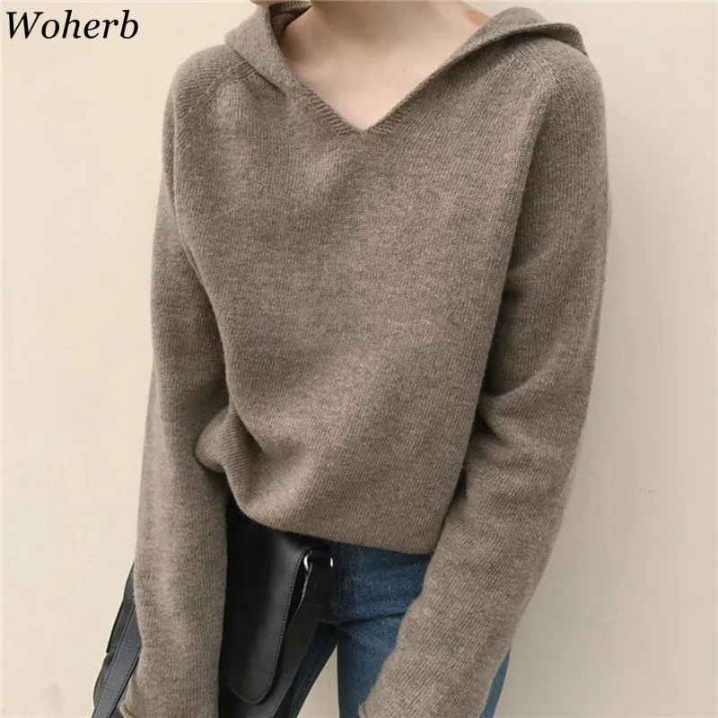 

Woherb Spring Winter Hooded Sweater Women Sweaters Knitted Ladies Loose Casual Jumpers and Pullovers Elegant Solid Pull Femme