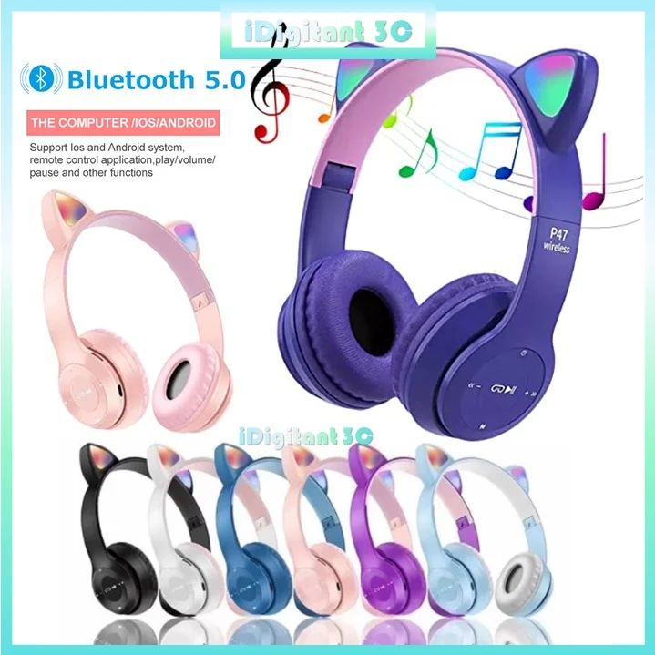 Беспроводные наушники гарнитура с кошачьими ушками Bluetooth 5 0 игровая p47 микрофоном