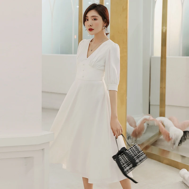 

YIGELILA Woman Fashion White Long Dress V-neck Lantern Sleeves Empire Slim Solid Dress Mid-calf Elegant Dress 64810