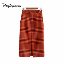 Женская стильная клетчатая юбка миди, faldas mujer, на молнии, с разрезом спереди, с карманами, Женская Повседневная офисная одежда, юбки до середины икры