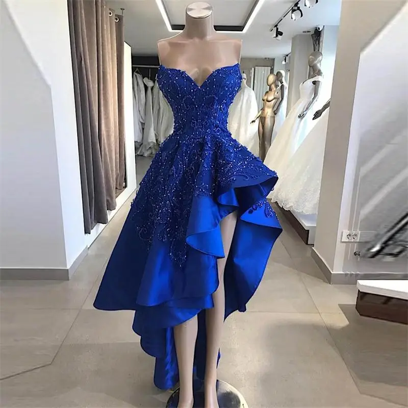 Королевское синее коктейльное платье с аппликацией, кружевное платье с пайетками и бусинами, сатиновые вечерние платья, недорогое платье с оборками, милое платье для выпускного вечера