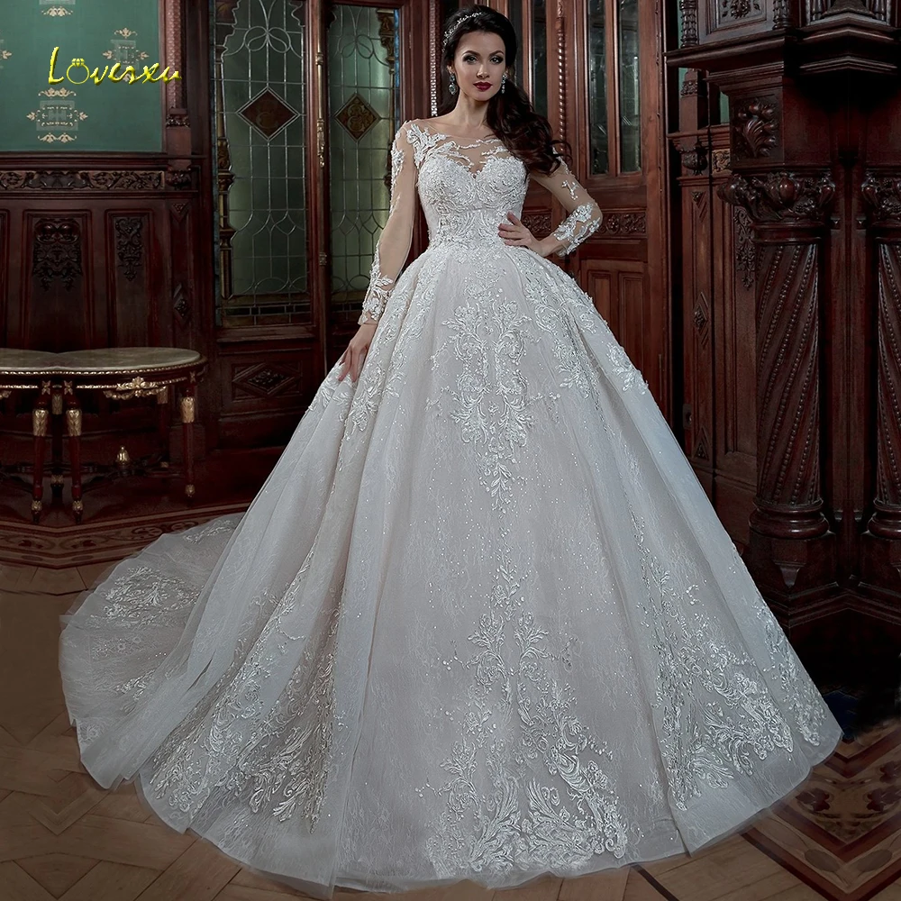 Loverxu Scoop Ball Gown Glitter Wedding Dress Applique Beading Long Sleeve Lace Up Bride Dress Cathedreal Train Bridal Gown