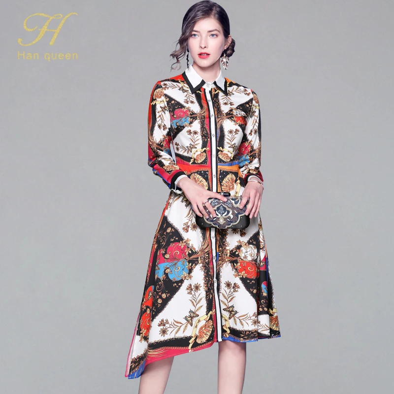 

H Han Queen Women Vintage Retro A-line Print Dress 2019 Autumn Business Office Party Irregular Trun-down Collar Swing Dresses