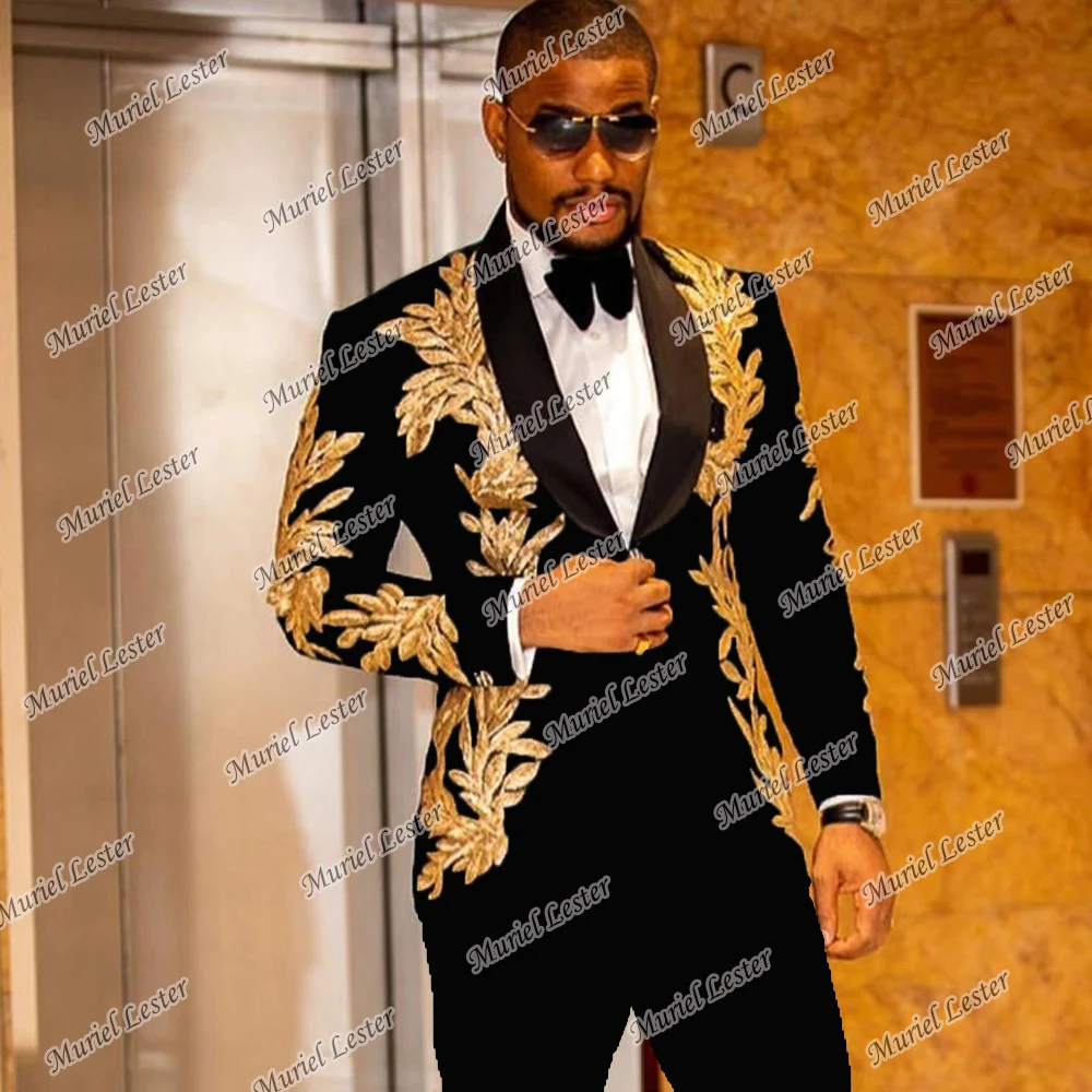 Gold Appliques White Men Suits For Wedding Black Peaked Lapel Man Jacket Pants Slim Fit 2 Pieces Set Groom Tuxedos Customized 5