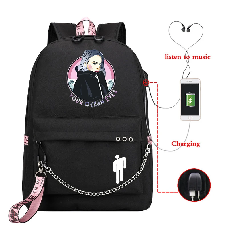 Mochila рюкзак женский Billie Eilish школьные сумки для девочек Usb зарядка Bookbag розовый рюкзак для ноутбука дорожная сумка Harajuku сумка