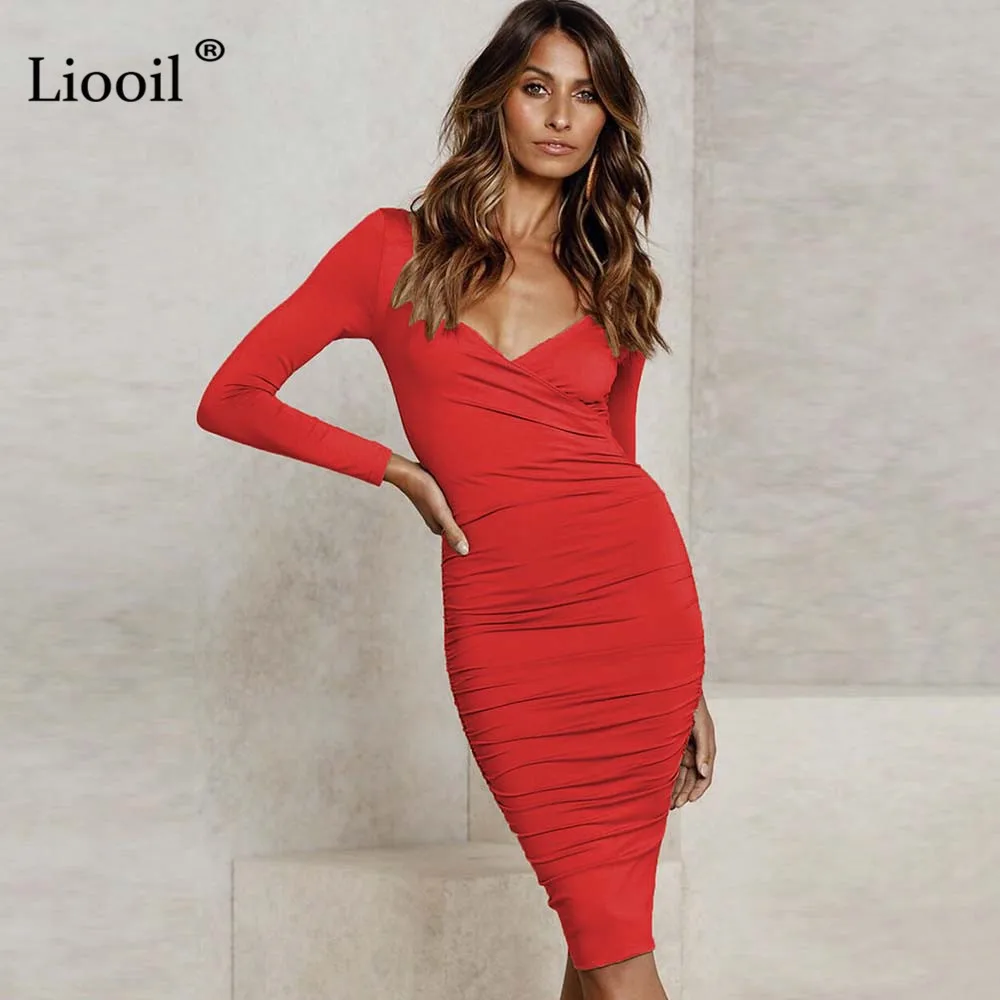 Liooil Fall Sexy V Neck White Midi Bodycon Dress Women Autumn Winter Stretchy Long Sleeve Club Party Tight Fitted Dresses