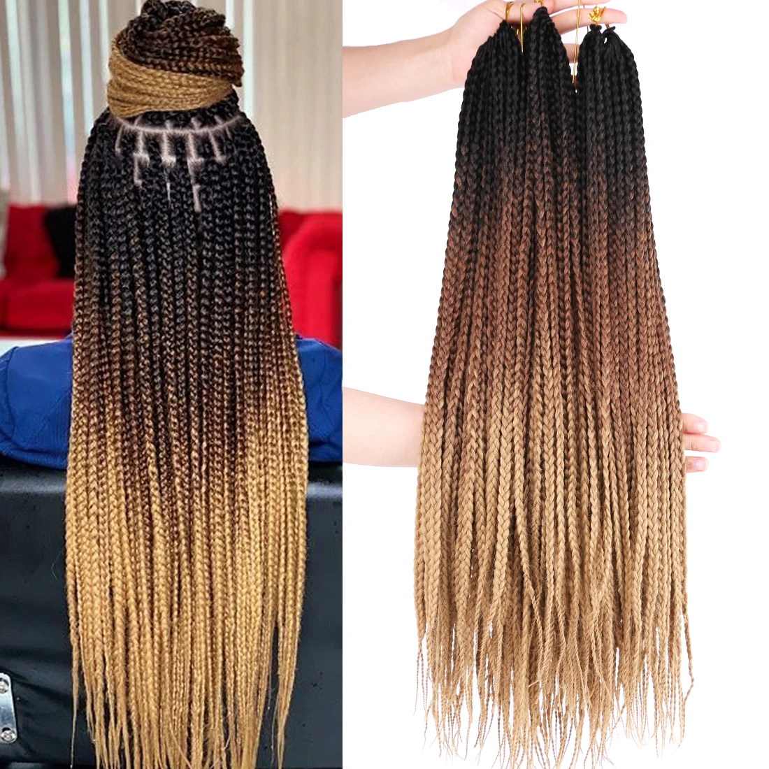 Crochet-Hair Braiding-Hair Synthetic Ombre Women for 22-Roots/Pack Two-Tone 3x-Box 24-Inches