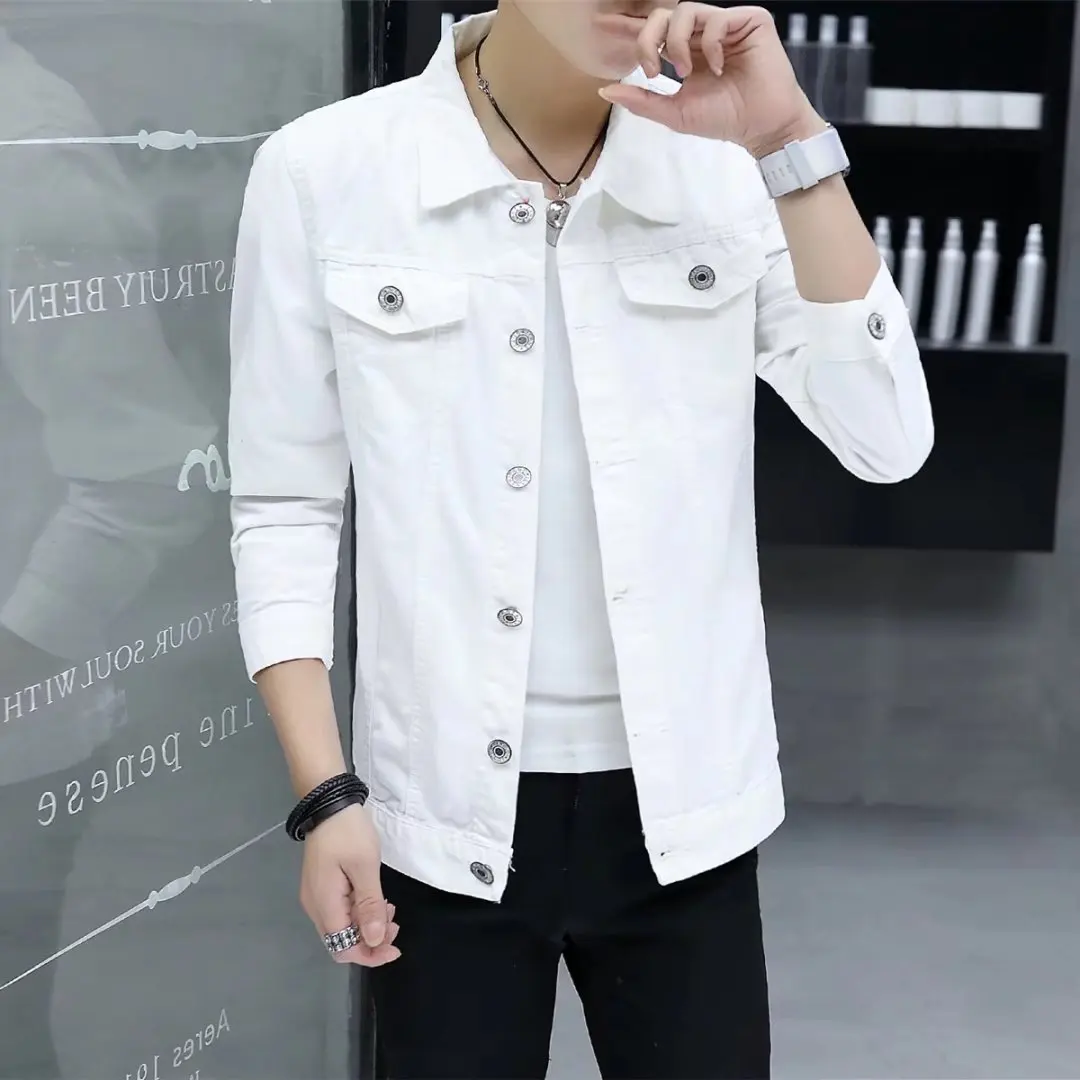 

2019 Spring And Autumn New Style Korean-style White Denim Jacket Men's Slim Fit Long Sleeve Jeans Coat Men Cowboy Clothing