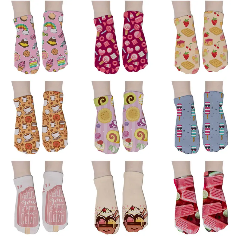 

New Fashion Socks 3D Printing Cute Style Women Socks Ice Cream Cake Many Choices Summer Women Low Ankle Socks 