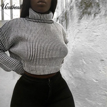 

Women Colorful Striped Rainbow Sweater Jumper Long Sleeve Turtleneck Cropped KnitWear Female Knitted Pullovers Pull Femme