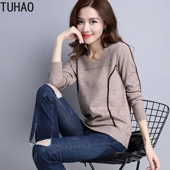 

TUHAO 2019 Women Pullovers Sweater New Autumn Fashion Elegant Office Striped Sweet Elegant Femme Knitted Shirt Sweater Lady HC51