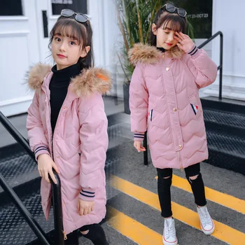 

Winter Jackets for Children Pink Fur Collar Hooded Kids Girls Casual Cotton Parka Coats Teenage Girl Long Cold Outerwear Clothes