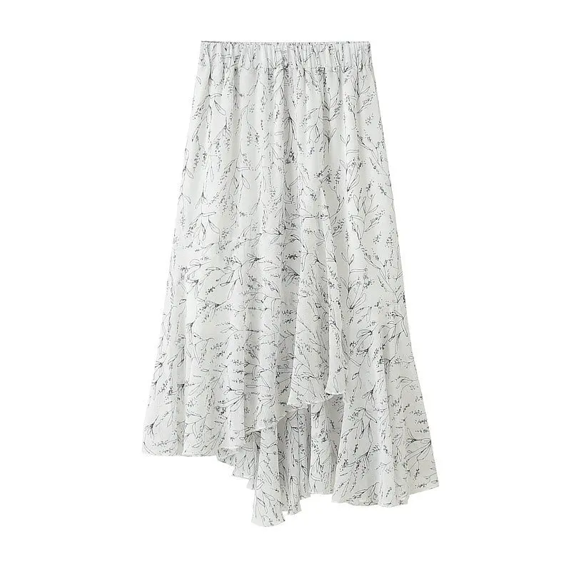 Floral-Print Chiffon Irregular Skirt High-waisted Mid-length Skirt Women's New Style Spring And Autumn Fairy Skirt 8012
