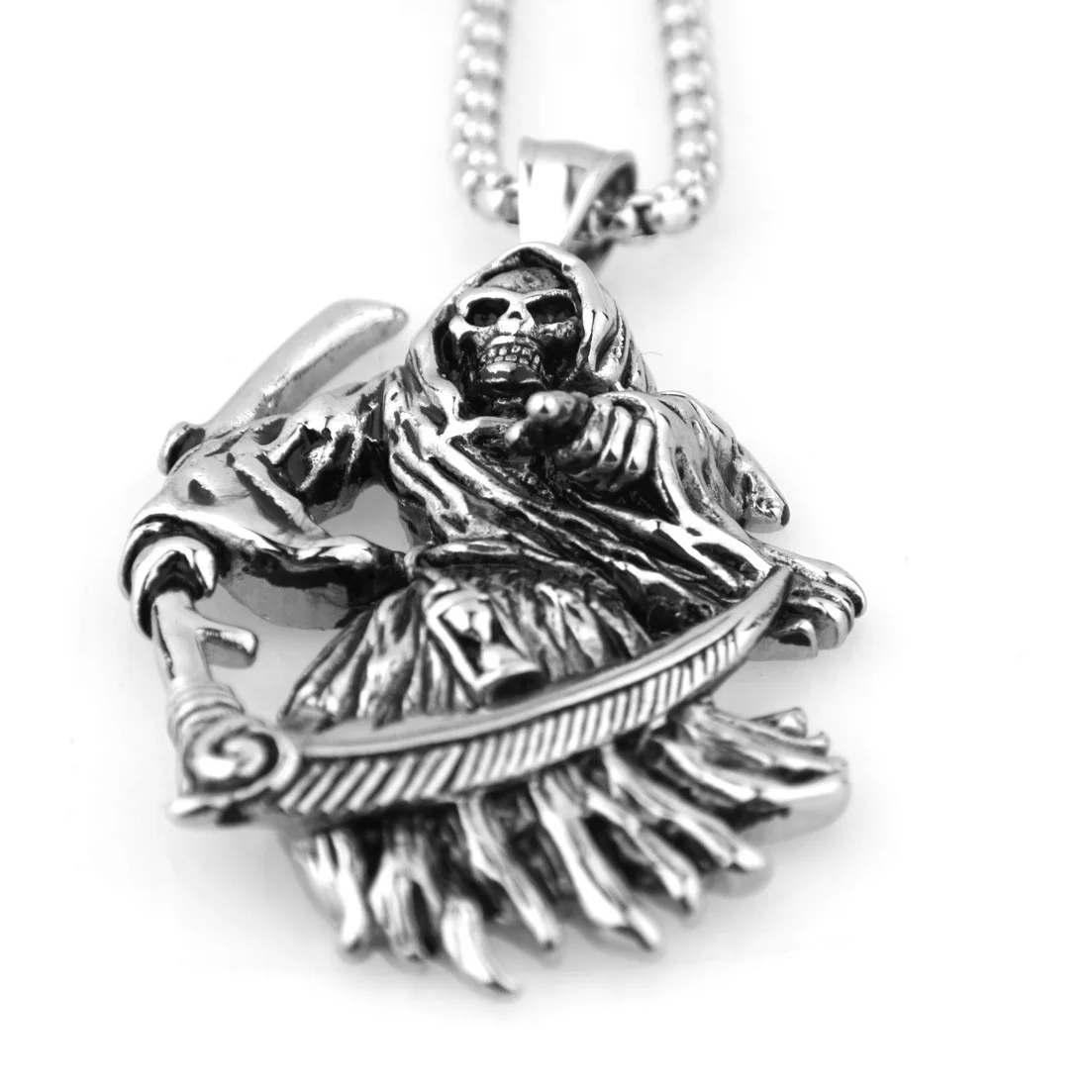 Vintage Men Stainless Steel Pendant Punk Skull Souls Sickle Necklace Pendant Chain Jewelry Accessories