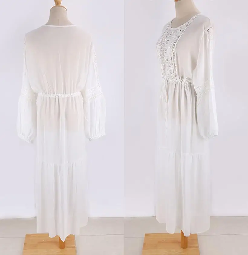 Boho женское белое бикини, накидка, модное кружевное пляжное платье с длинным рукавом, свободное платье с длинным рукавом, платье со шнуровкой на талии