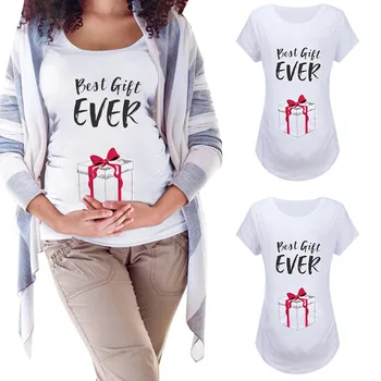 

Trendy Tops For Pregnant Women Maternity Short Sleeve Christmas Gift Print Loose Round Neck Christmas T-shirt Tees Plus Size