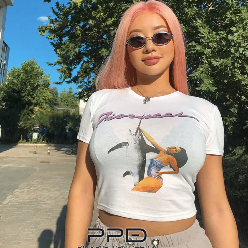 Ретро Y2K стиль Swordfish для девочек светло-фиолетовый принт Slim Fit круглый вырез хлопок короткий рукав