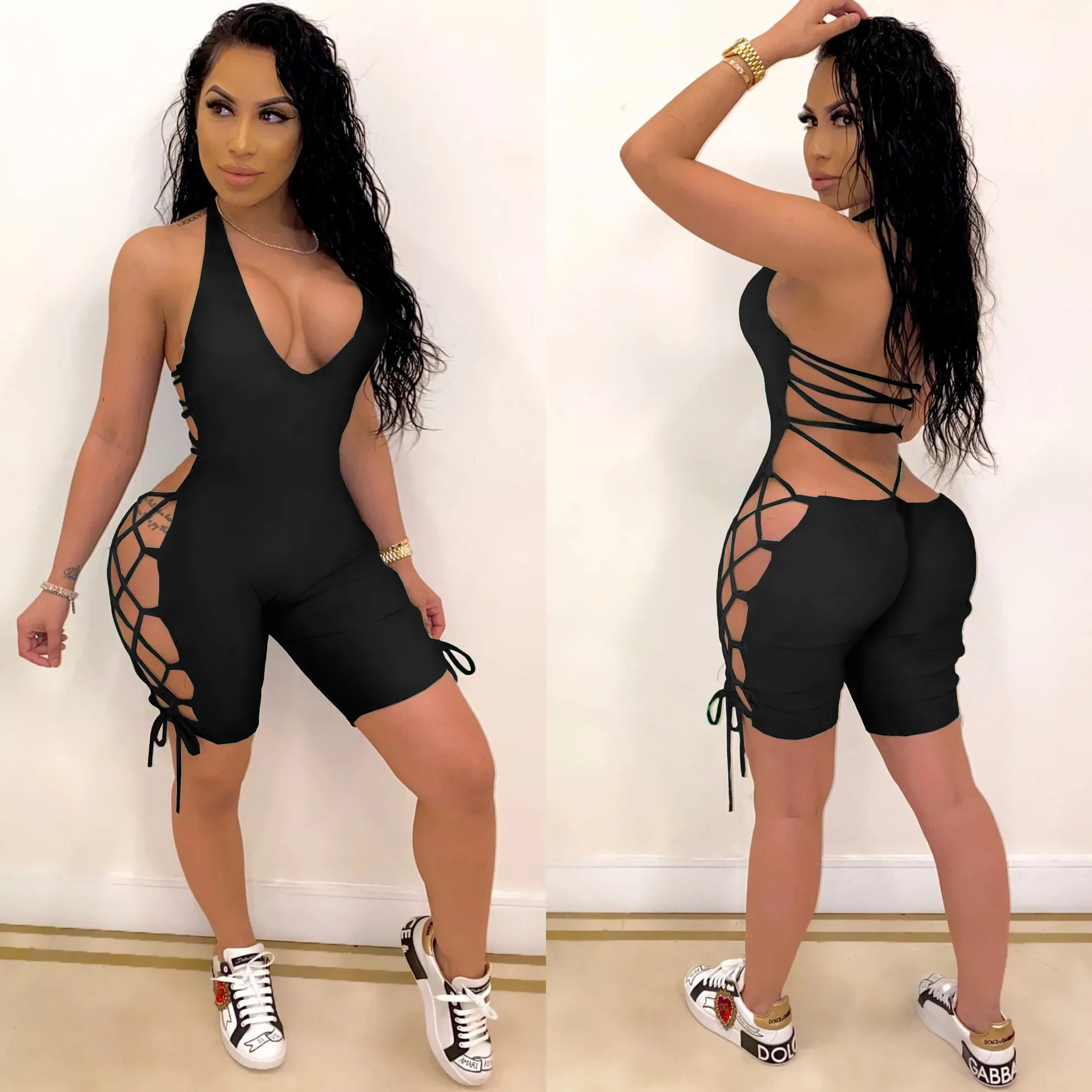ANJAMANOR 2020 Summer Sexy Clubwear One Piece Outfit Women Short Romper Lace Up Hollow Backless Bodycon Jumpsuit D74-AB47 ANJAMANOR 2020 Summer Sexy Clubwear One Piece Outfit Women Short Romper Lace Up Hollow Backless Bodycon Jumpsuit D74-AB47