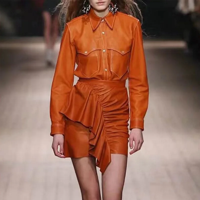 

Autumn PU Leather Two Piece Set For Women Lapel Collar Jacket High Waist Ruffle Skirts Female Suit 2019 Fashion New