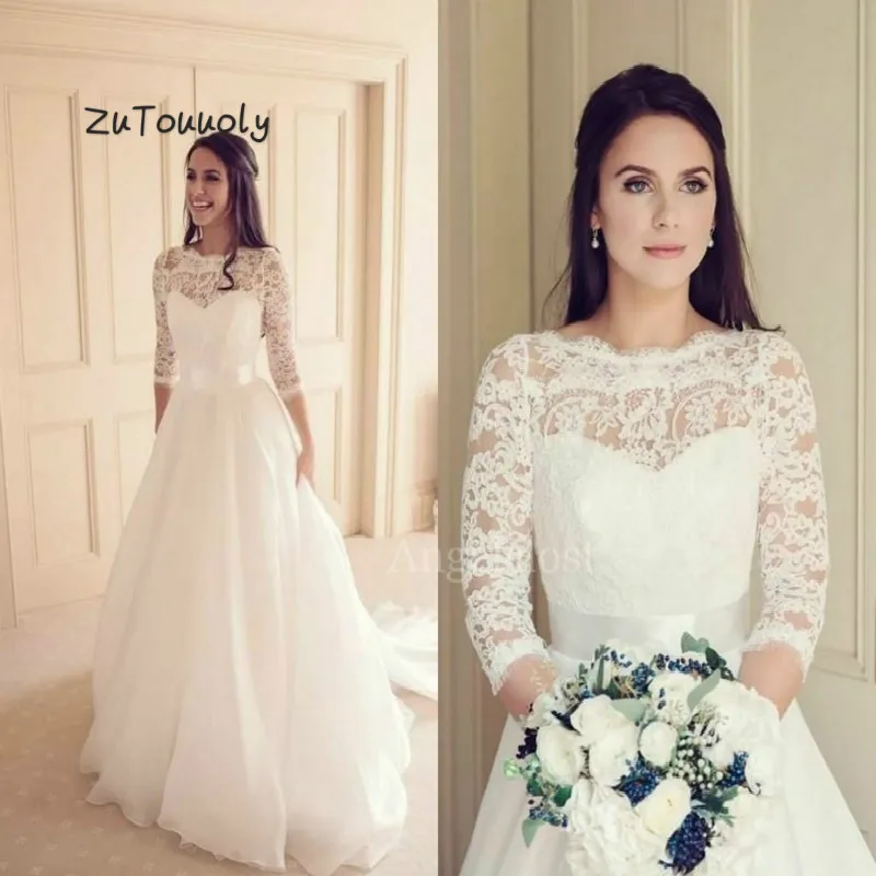 

Romantic Boho Wedding Dresses With Sleeves Sheer Neck Lace Tulle Beach Bride Dress 2019 Princess Bohemain Wedding Gown With Belt