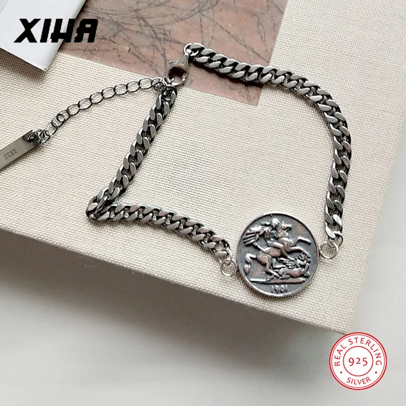 925 пробы Серебряная кубинская цепочка Elizabeth античная монета браслет для женщин Бохо ювелирные изделия персонализированный регулируемый браслет с дисками