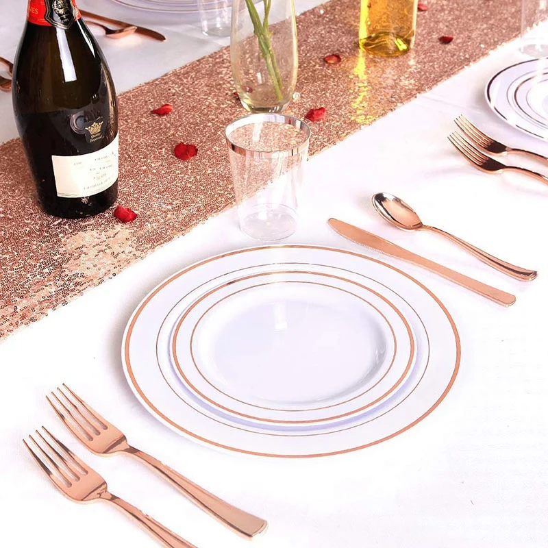 200 шт Розовое золото пластиковые розовые золотые столовые приборы с салфетками-тяжеловесная одноразовая посуда включает в себя 50x вилки, 50x ложки, 50x нож
