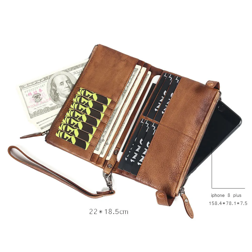 

First Layer Vegetable Tanning Leather Wallet Hand-rub Color Genuine Leather Clutch Bag Large Capacity Wallet Mobile Phone Bag