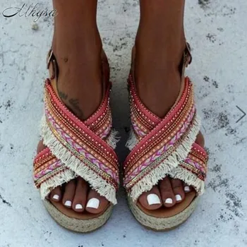 

Sandals Women 2020 Fashion New Buckle Open Toe Women Sandals Bohemian Straw Platform Sandalias Large Size35-43 Sandalias Mujer
