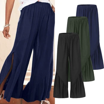 

Fashion Split Pants Women's Wide Leg Trousers ZANZEA 2020 Casual Elastic High Waist Long Pantalon Palazzo Plus Size Turnip 5XL