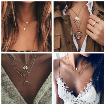 

Vintage Pearl Coin Multilayer Necklace For Women Fashion Gold Color Pendant Long Necklaces Boho Jewelry