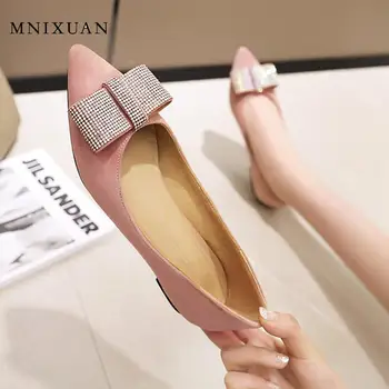 

Elegant spring women flat shoes 2020 new suede pointed toe sweet rhinestone butterfly-knot pink shoes woman party flats size 45