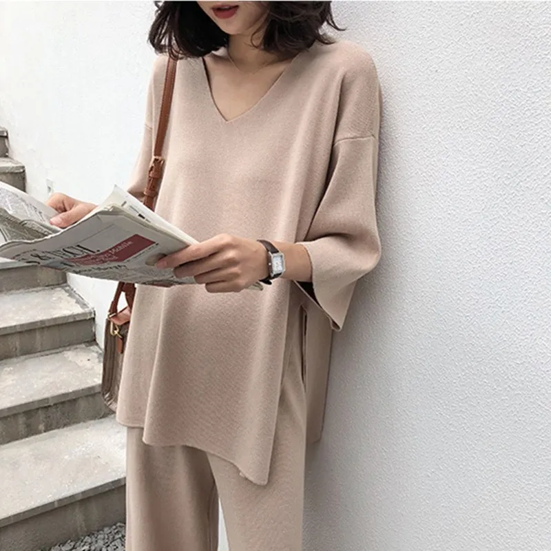 Autumn Knitted Women Suit 2 Piece Set V-neck Long Sleeve Bandage Top Wide Leg Pants Suit