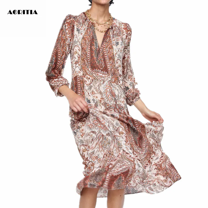 

2019 Women Autumn Print One Button Dresses Three-quarter Sleeve Dress