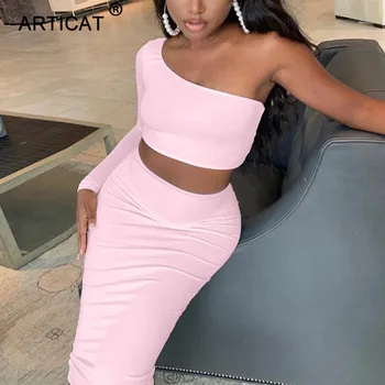 

Articat One Shoulder Backless Two Piece Set For Women Skinny Solid Short Crop Top Skirt Ladies Sexy Bodycon Streerwear Women Set