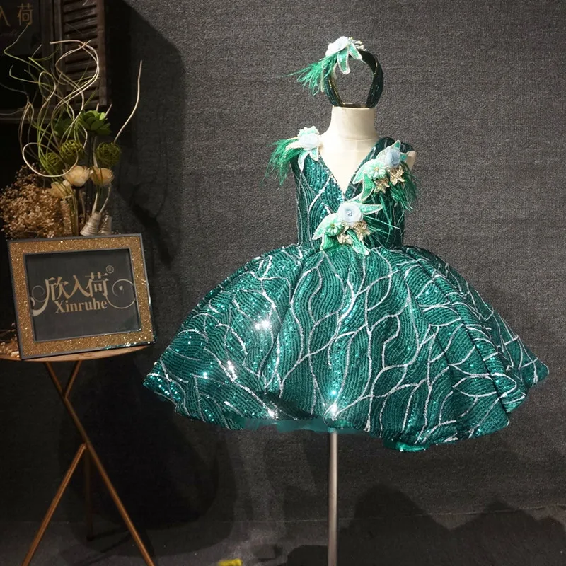 

Flower Girl Dresses Puffy Girl Dress Green Baby Dress With Head Bow Cute Kid's Child Birthday Dresses Frist Communion