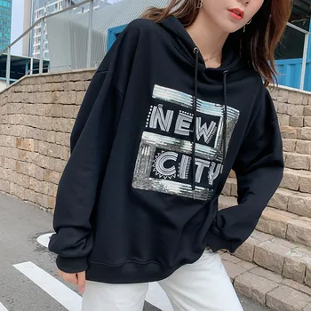 

Sequin Letter Hoodie Women Autumn 2020 New Arrival Loose Cotton Hooded Sweatshirt Female Korean Street Oversize Hoodies Coat