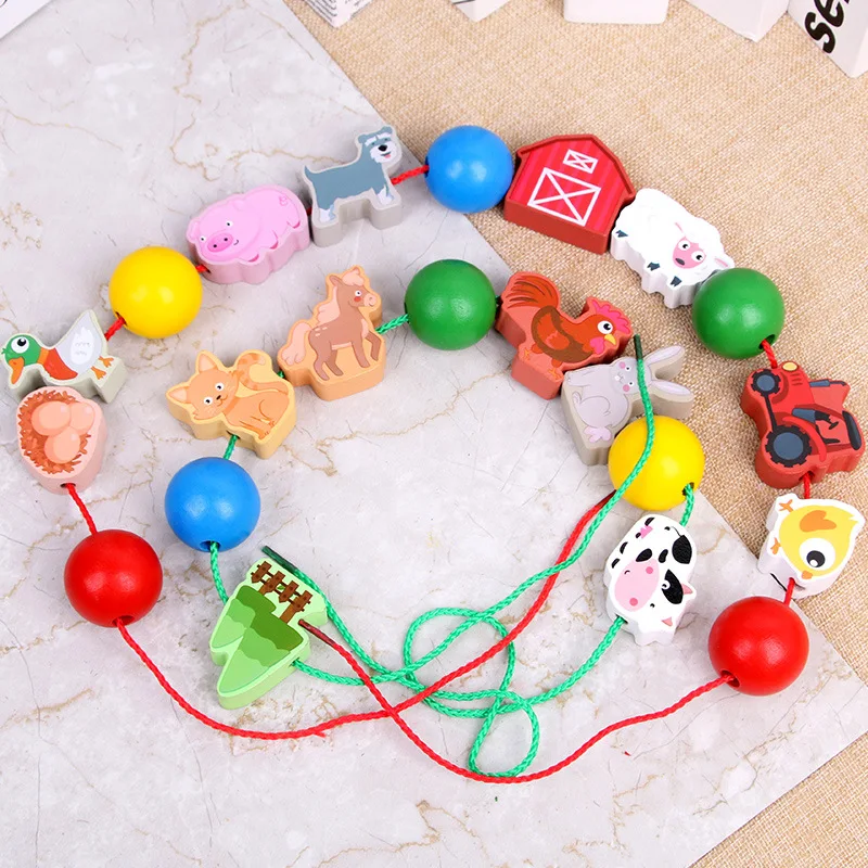 Wooden toys animal fun beaded large building blocks wearing rope games kindergarten early education puzzle threading beading