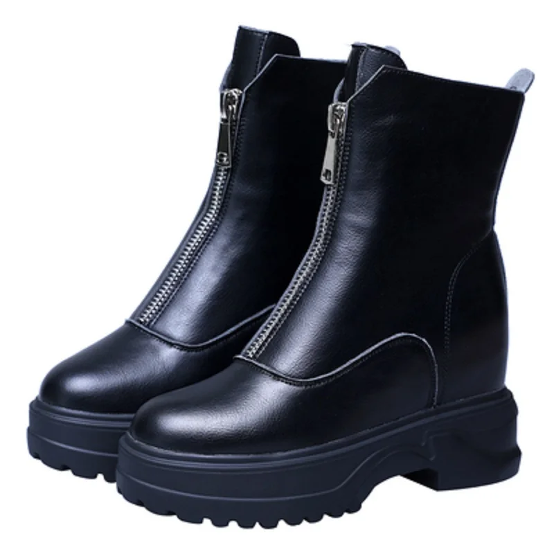 

Leather booties female autumn 2019 new increase in shoes British wind thin Martin boots wild short tube