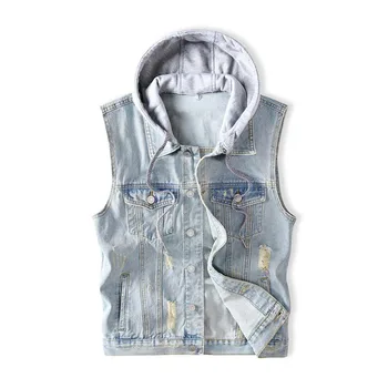 

Mcikkny Vintage Men Ripped Pleated Denim Vest With Hat Slim Fit Waistcoats Male Streetwear Size M-4XL