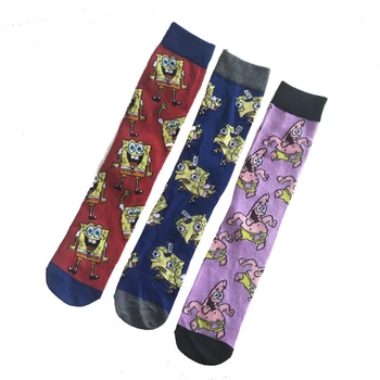 

3 pairs Free shipping New Fashion women Cartoon spongebob letter pattern Happy Lovers red sock Cotton Funny socks men Crew socks