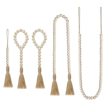 

Wood Beads Garland with Jute Tassels, Rustic Natural Wooden Bead String Wall Hanging for Farmhouse Home Decor, Set of 5