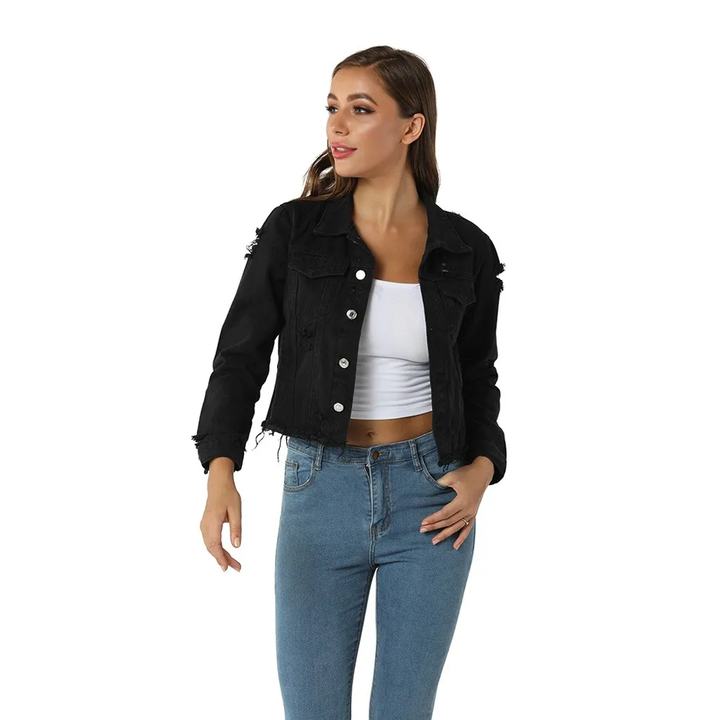 Сексуальные черные джинсовые куртки для женщин с дырками в стиле бойфренда, винтажная джинсовая куртка с длинным рукавом, джинсовая свободная Осенняя джинсовая куртка#3