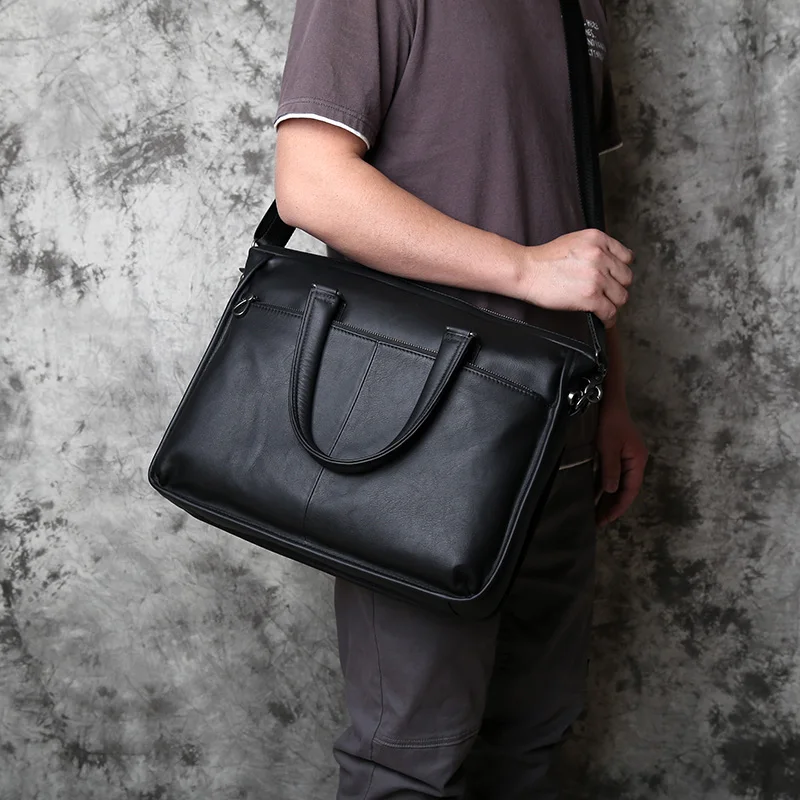 NZPJ Men's Genuine Leather Business Handbag Top Layer Cowhide Cross Section Office Computer Bag Shoulder Messenger Briefcase