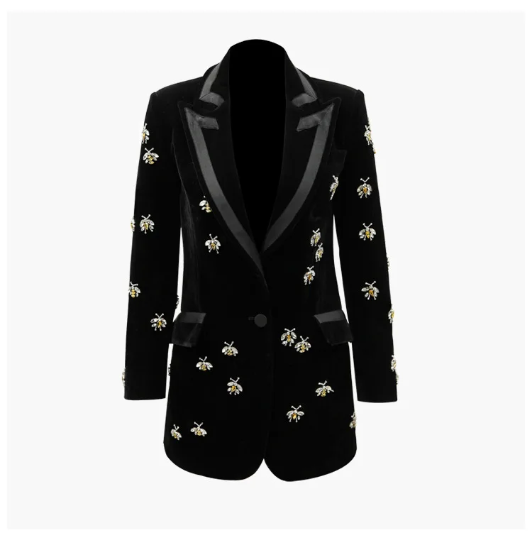 

Designer High Quality Women Solid Long Blazer Coat Long Sleeve With Rhinestone Bees Office Lady Slim Velvet Suit Blazer Jacket