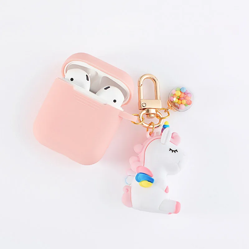 Милый брелок для ключей с единорогом силиконовый чехол для гарнитура для Airpods Чехлы для Apple Airpods 1 2 Bluetooth наушники защитный чехол - Цвет: Pink White