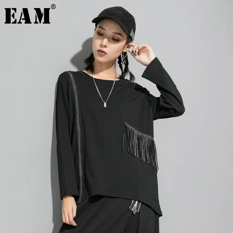 

[EAM] Women Black Tassels Split Asymmetrical Loose T-shirt New Round Neck Long Sleeve Fashion Tide Spring Autumn 2020 1D727