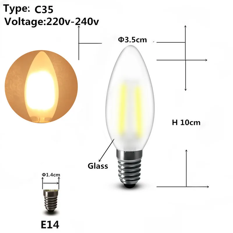 2 Вт, 4 Вт, 6 Вт, E27 E14 светодиодный лампы G45 C35 T45 лампа светильник 220v переменного тока небольшой светильник s украшения, хрустальные люстры светильник источник - Испускаемый цвет: F C35 220V E14