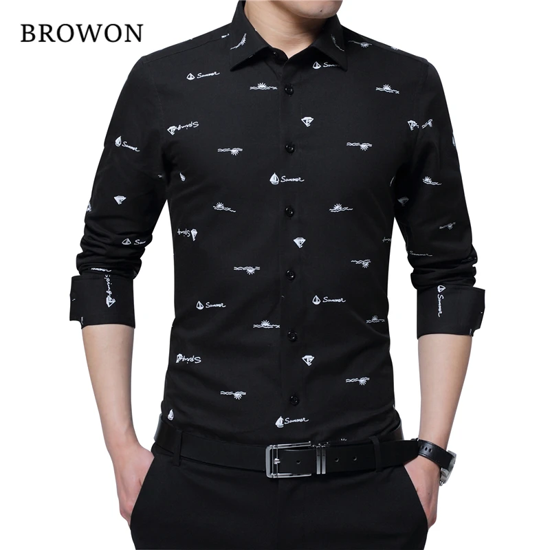 BROWON Four Season New Arrival 100% Cotton Men Print Shirt Long Sleeve Boat Print Formal Designer Shirt Squared Collar Men Cloth BROWON Four Season New Arrival 100% Cotton Men Print Shirt Long Sleeve Boat Print Formal Designer Shirt Squared Collar Men Cloth