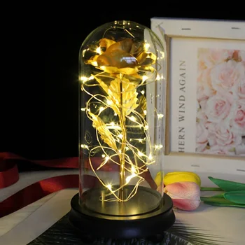 

2020 Artificial Gold Foil Rose Flower And LED Light String In Glass Dome On Wooden Base The Best Valentine's Day Gift For Women