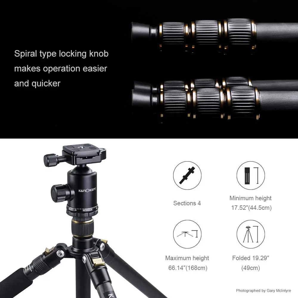 K&F Concept TC2534 Carbon Fiber Tripod 66 inch